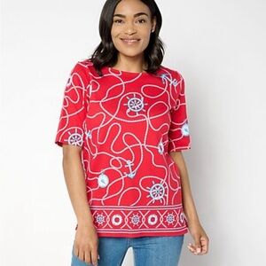Quacker Factory Red and Blue Nautical Bateau Neckline Elbow Sleeve Top